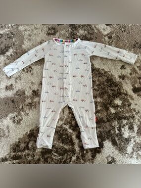 Magnetic Me White Car & Plane Print Footie with Rainbow Trim